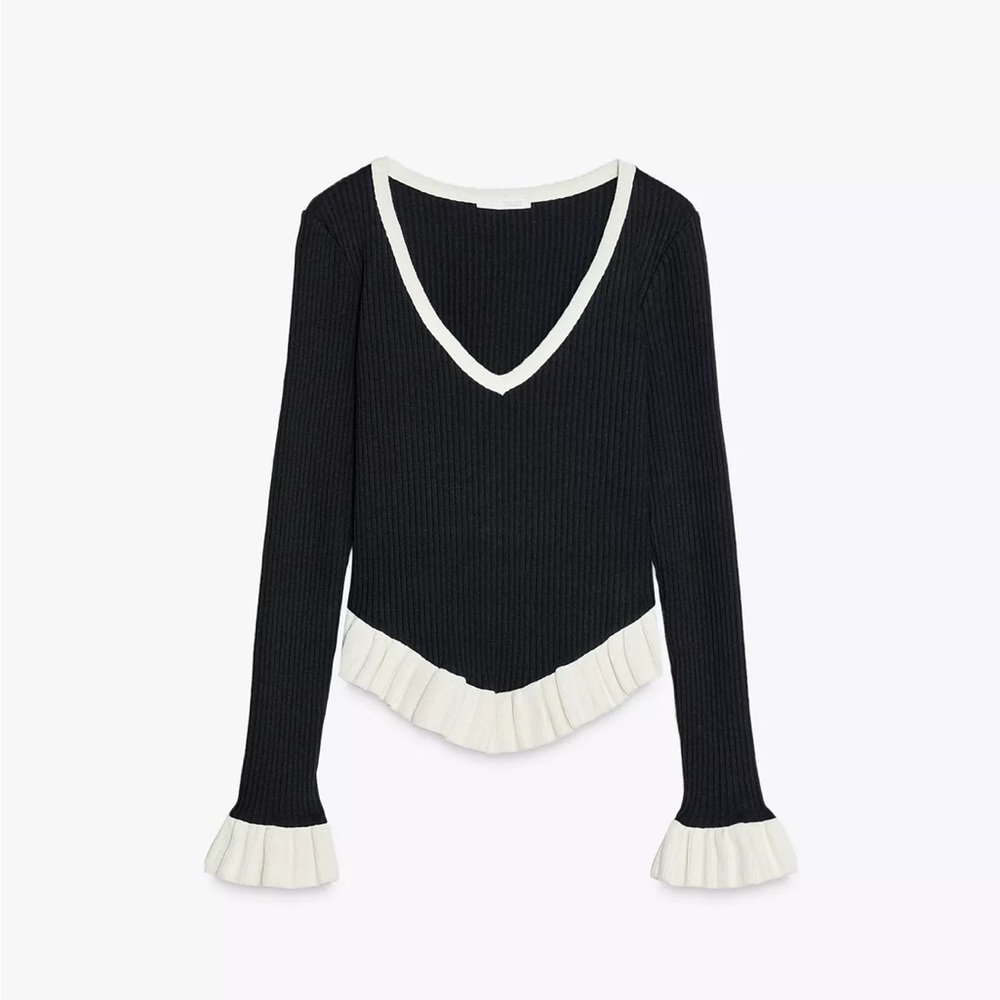 Zara Black V-Neck Ribbed Sweater with White Ruffle Trim